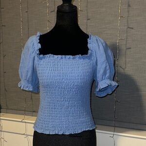 Elegant Blue Smocked Blouse with Puff Sleeves